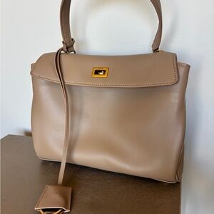 Classic Taupe Leather Top-Handle Bag